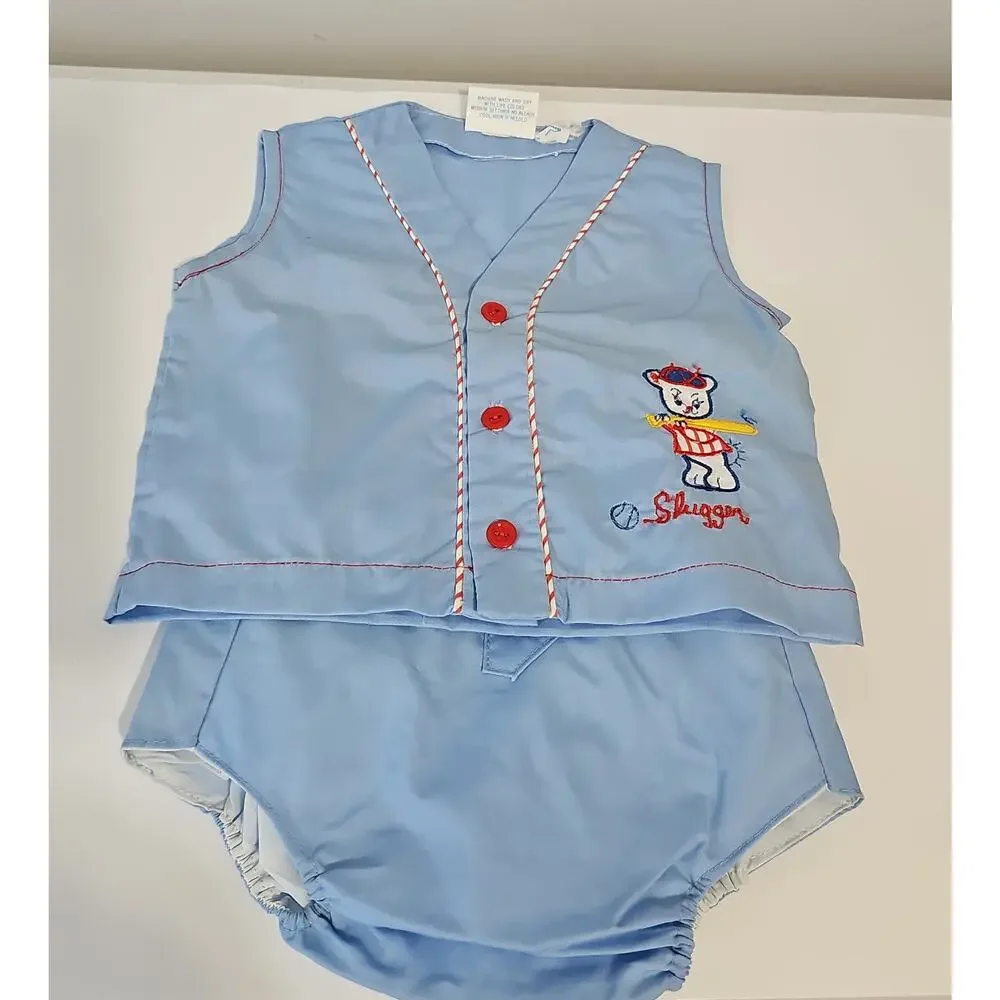 Vintage Baby Matching Set Shirt Diaper Cover Embroidered Baseball Slugger
